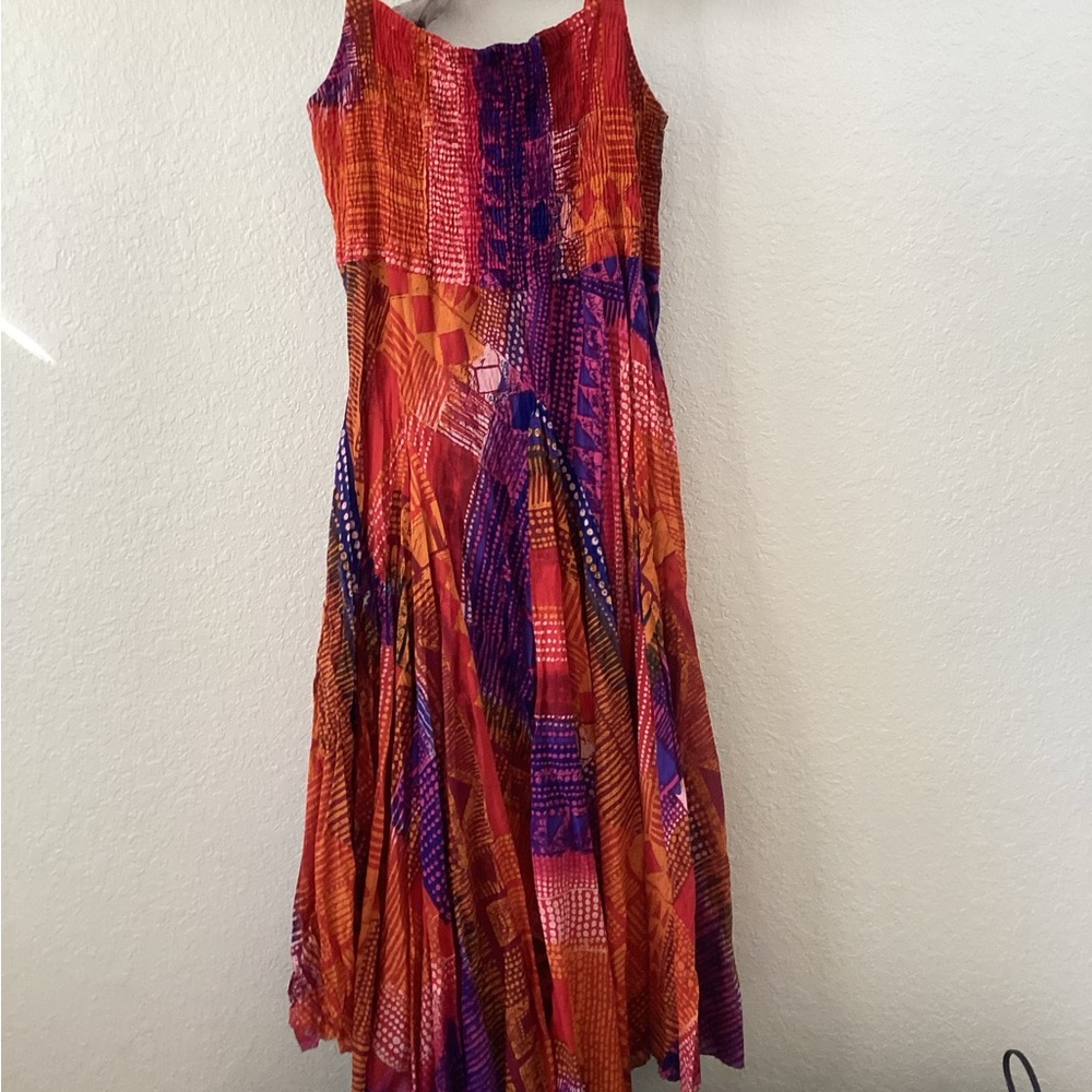 Vintage Vibrant Red & Purple Midi Dress - Sleeveless Flowing Dress